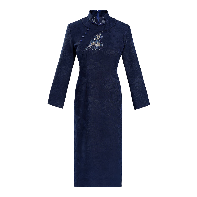 秀觀唐秀觀唐藍(lán)扇2025冬裝新款藏藍(lán)提花刺繡花改良中國風(fēng)女裝日常旗袍裙 藏藍(lán)色 L