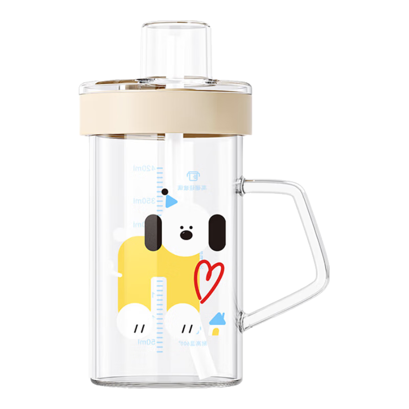 小土豆（potato）玻璃杯兒童牛奶杯子帶刻度耐熱吸管水杯帶把手tritan學(xué)飲杯早餐杯 420ml 小狗(高硼硅玻璃)