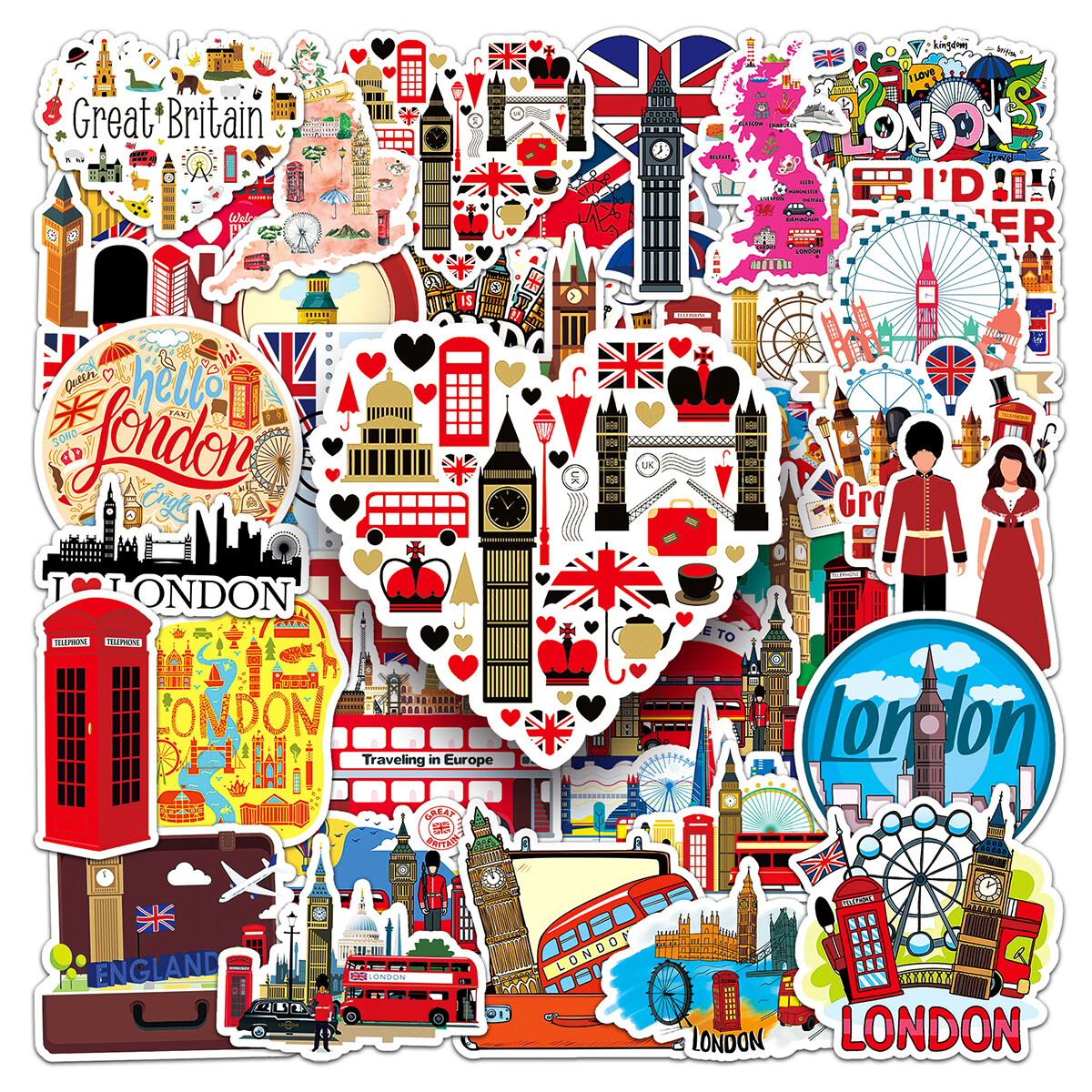 50张英国特色装饰贴纸潮流炫酷涂鸦 大本钟皇家卫兵 旅行箱保温杯桌面