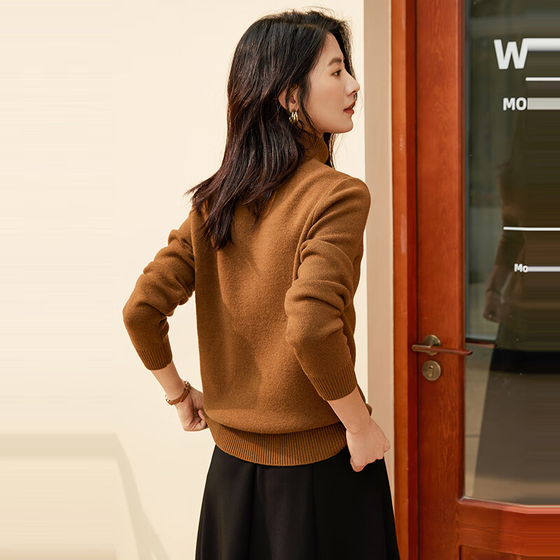 恒源祥厚款保暖纯羊毛衫女装秋冬新款半高领套头毛衣女装纯色打底针织衫 烟栗棕 (高领) L /170/92A
