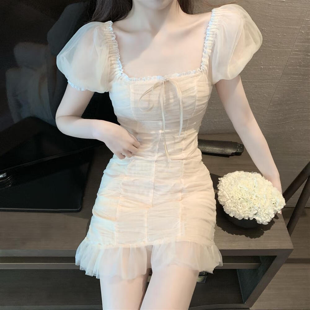 定将显瘦甜妹风a字裙春夏抽绳绑带修身法式复古连衣裙女装2024夏季新