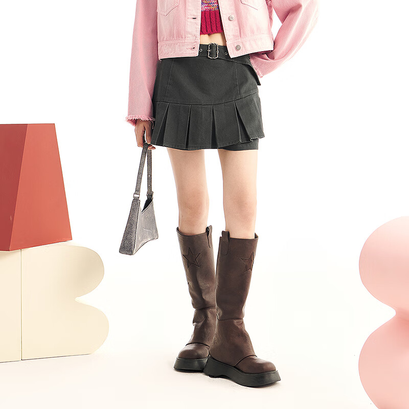 乐町设计感百褶短裙2024年春季新款深灰半身裙女C2GEE1210 深灰 M