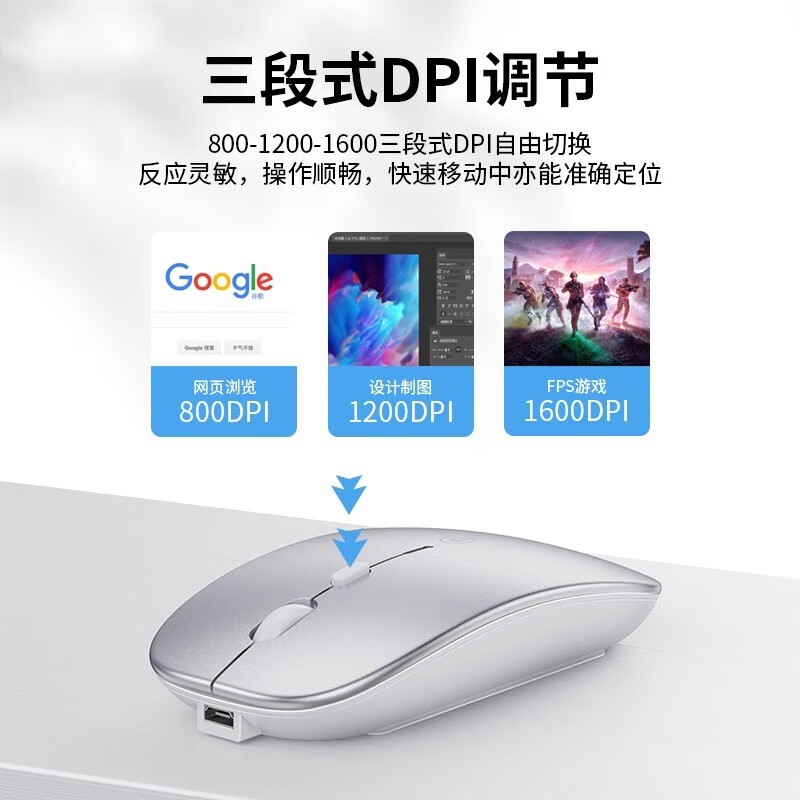 Niye【2026新品】适用华为无线蓝牙鼠标双模可充电静音游戏家用办公商务平板ipad笔记本电脑Mac耐也 无线充电太空银【充电版】