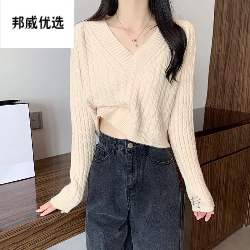 辉客映上 鸡心领毛衣女厚款慵懒风女冬季v领长袖宽松显瘦短冬季穿的