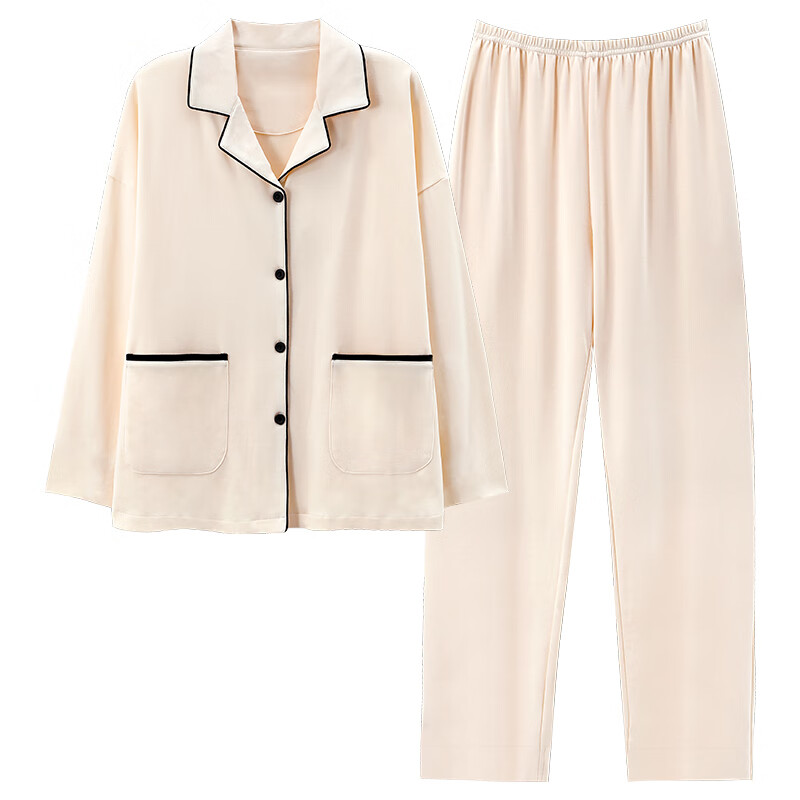 猫人仿棉舒适 春秋新款 长袖开衫 翻领套装 纯色女士加大码 家居服 奶油杏 M --建议【90-100】斤