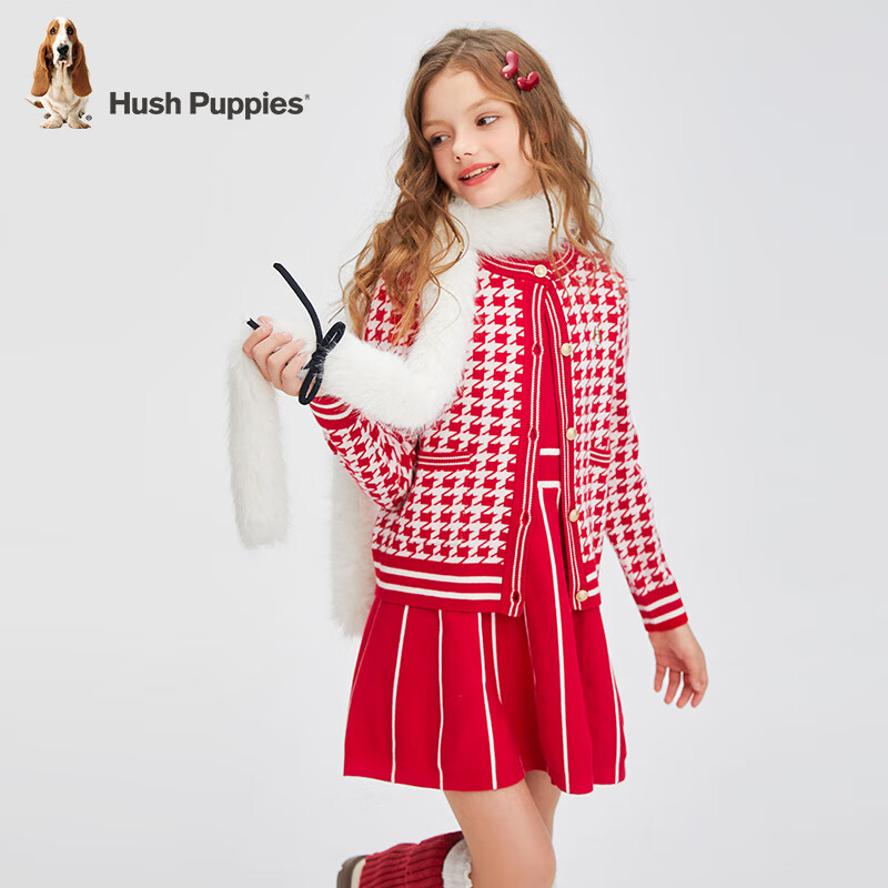 暇步士(Hush Puppies)【经典款】童装儿童女童冬季新款舒适小香风气质开身线衣 珊瑚红 120