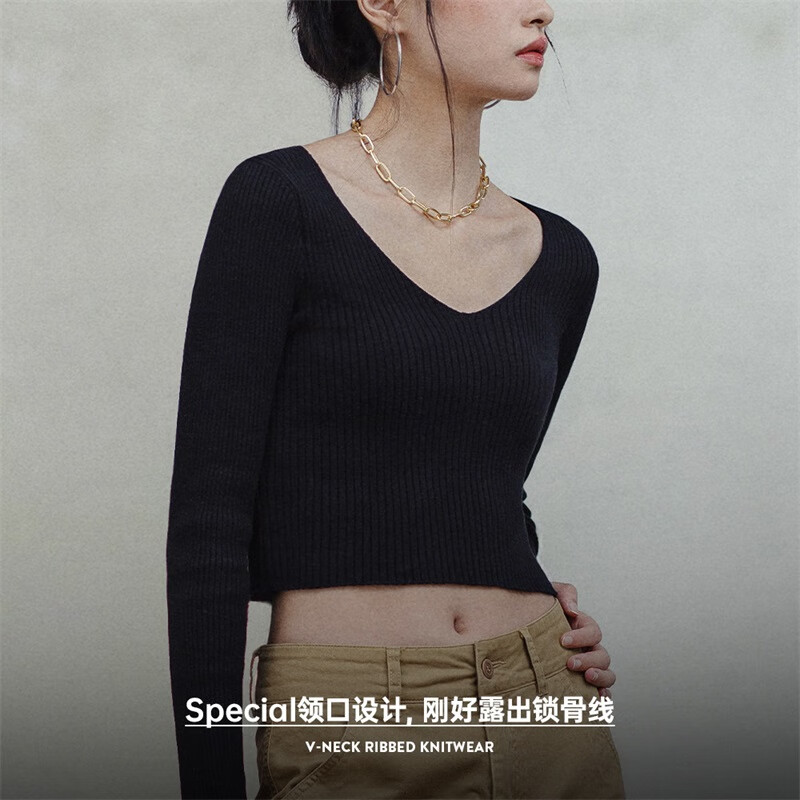 马登女装 美式复古针织纯棉内搭V领显瘦打底衫秋短款修身百搭上衣 烟灰色 M