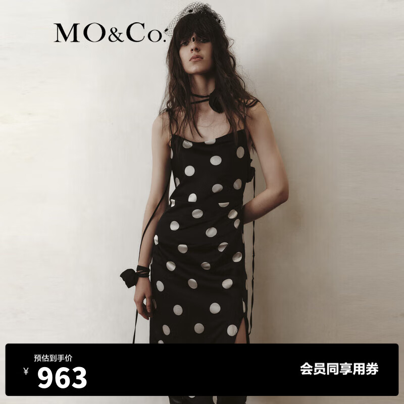 MO&Co.含桑蚕丝复古波点解构捏褶吊带连衣裙气质裙子女 黑白波点色 M/165