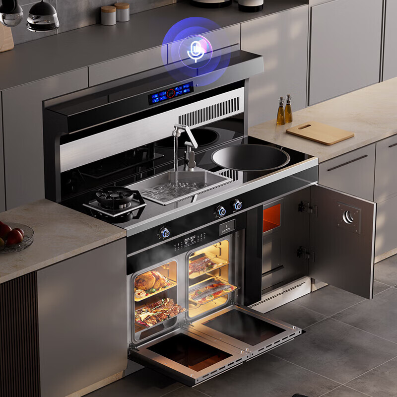 冈田（日本）集成柴火灶无烟智能一体式柴火灶家用别墅自建房一体灶低噪节能变频抽油烟机燃气灶具套装 1.5米 双燃气灶+左烤右蒸+柴火灶+烟机 液化气20Y