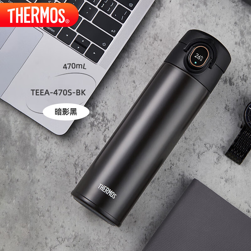 膳魔师（THERMOS）智能保温杯Pro弹盖款470ml大容量男女士温显水杯子TEEA-470S BK