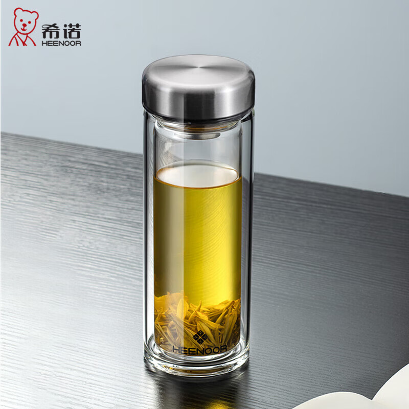 希诺(heenoor)玻璃杯双层男士办公带滤网水杯高档泡茶杯家用隔热大