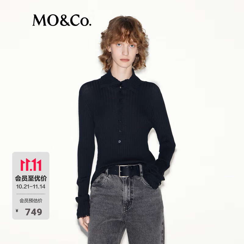 MO&Co.针织衫可机洗绵羊毛半开襟高领烂边软糯弹力竖条纹修身防缩 黑色 M /165
