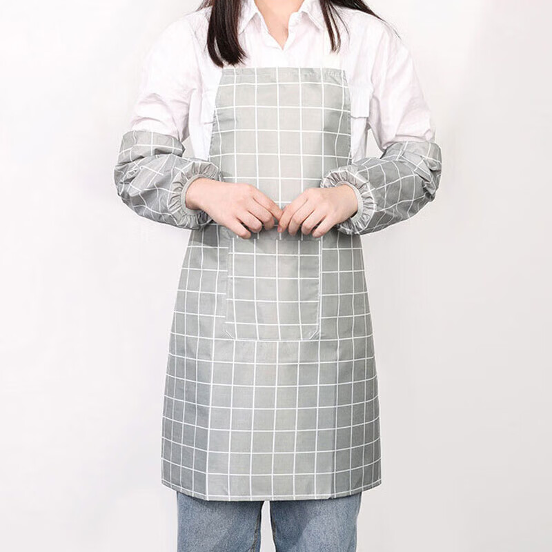 芳草地防水防油格子版厨房无袖围腰围裙袖套 灰色格子围裙