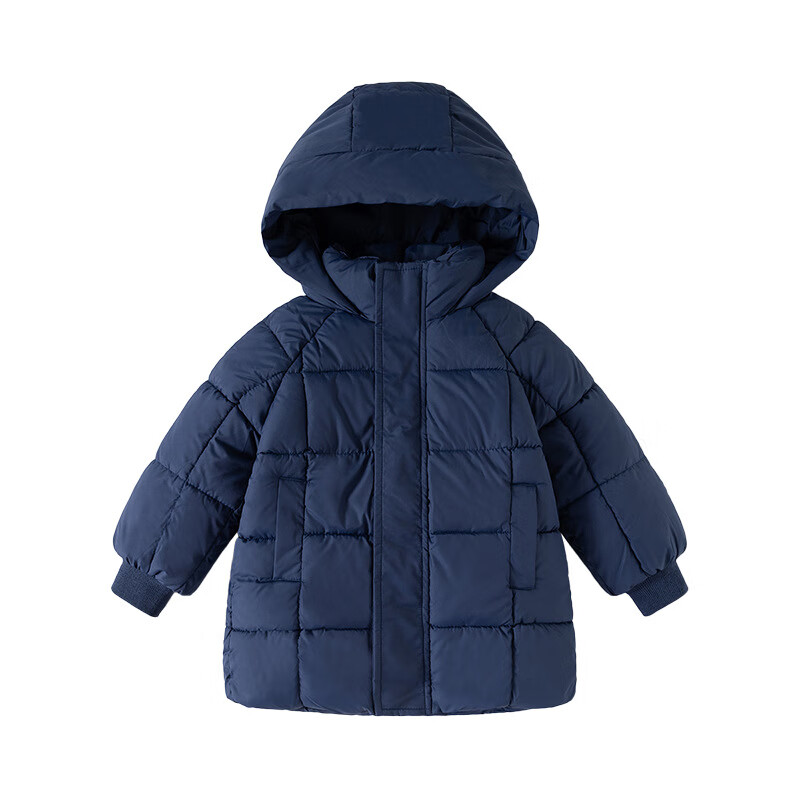 WELLKIDS儿童中长款棉衣厚款外套纯色韩版男童保暖棉服女孩冬季上衣潮 黑色格子 100