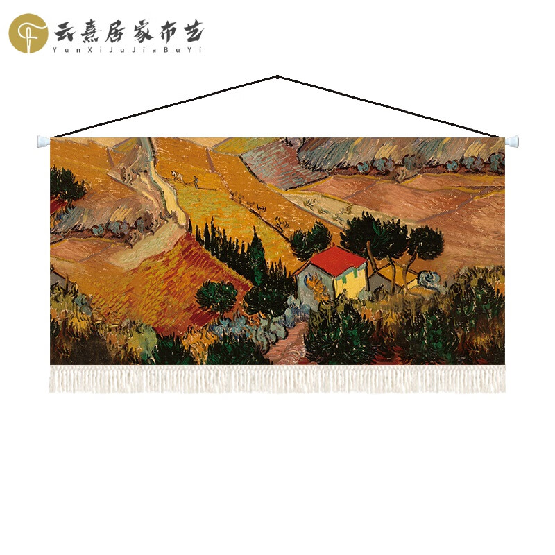 智宙掛毯客廳裝飾壁毯長方形掛布掛畫梵高風(fēng)景油畫背景墻臥室床頭布藝 房舍景色 寬80*高50厘米【配件】