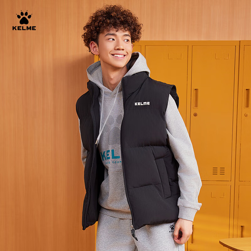 卡尔美（KELME）运动棉马甲男新款保暖防泼水立领棉服宽松马夹棉背心 玛瑙黑 M