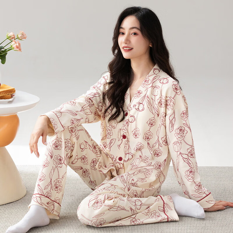 雅鹿睡衣女士带胸垫家居服套装长袖长裤春秋季薄款和服领开衫可外穿 H2285多巴胺(带胸垫) XL 【建议110-130斤】