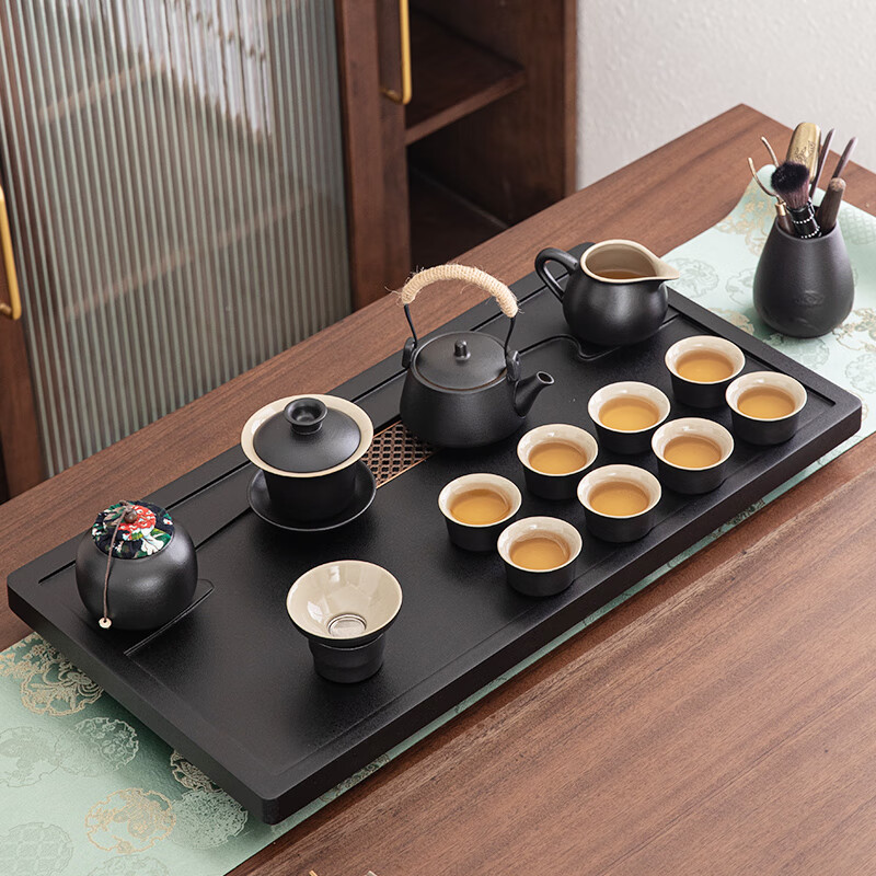 言艺（yanyi）茶具整套茶盘套装茶具套组磨砂茶盘配落雁黑陶套装