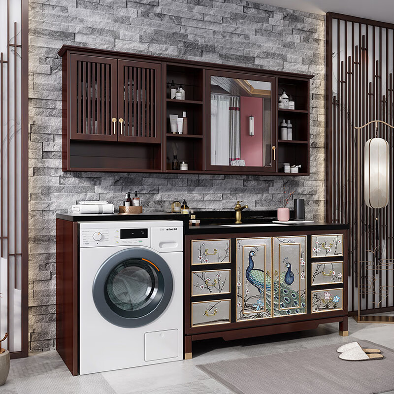 新中式浴室柜实木落地卫浴柜手绘卫生间双盆岩板洗手盆柜 120cm 连体