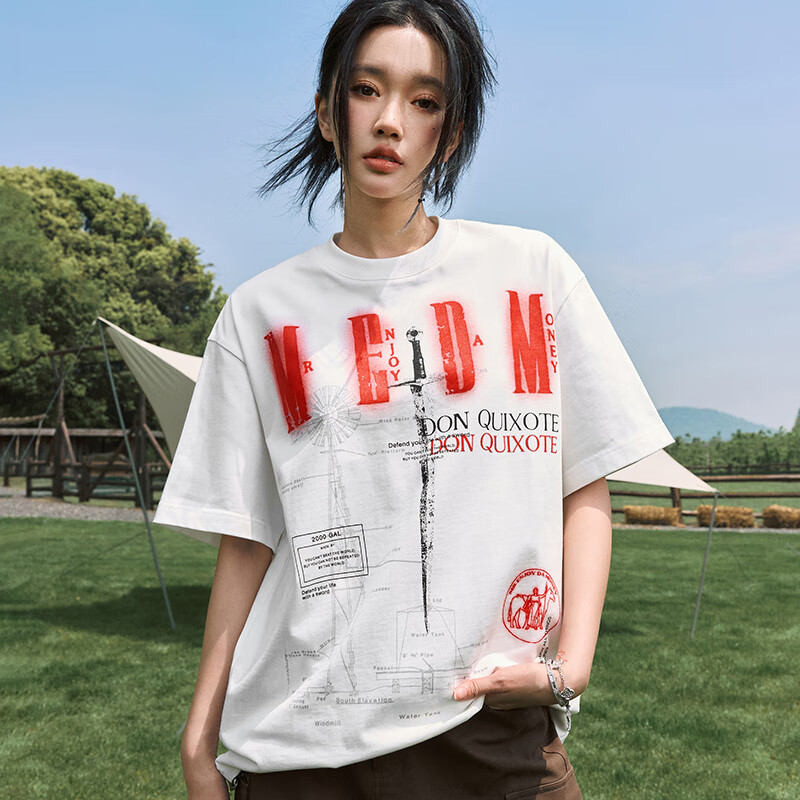 MEDM堂吉訶德劍印花短袖T恤男士夏季潮牌痞帥復(fù)古設(shè)計感半袖 白色 XL