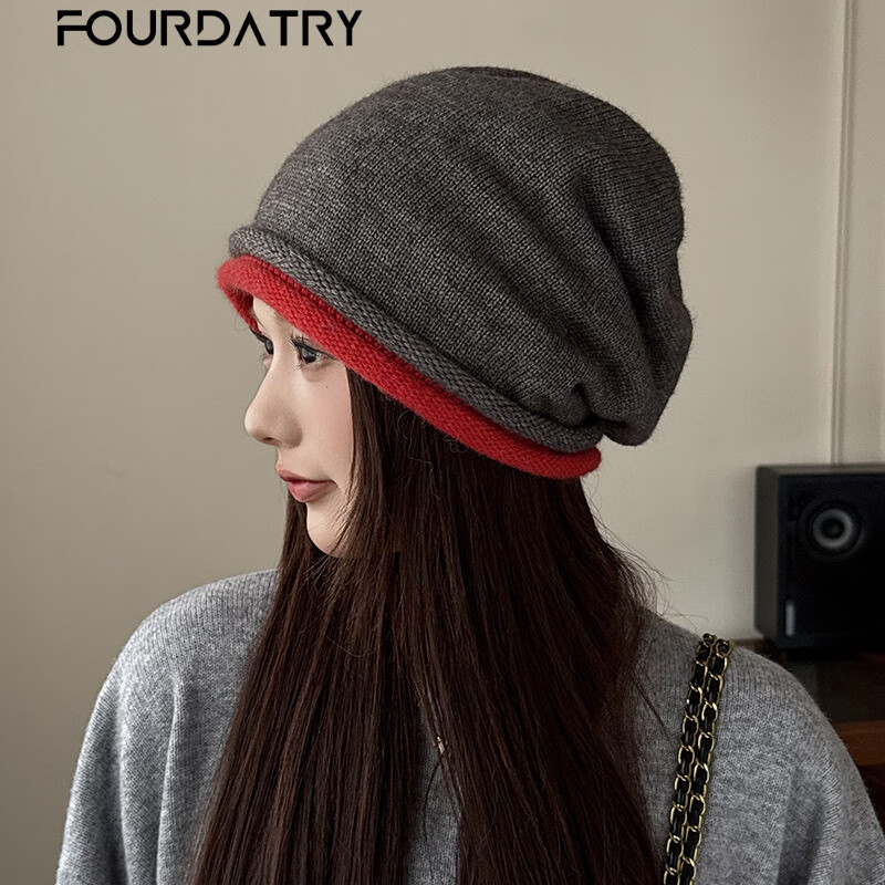 FOURDATRY�ﶬ��֯ñ��Ů��ëƴɫ���߰�ͷñ�ﶬ������ñ��ͷΧ�ٴ�Ѷ�ñ A-160CH��ɫ˫�߶Ѷ�ñ 56 -62