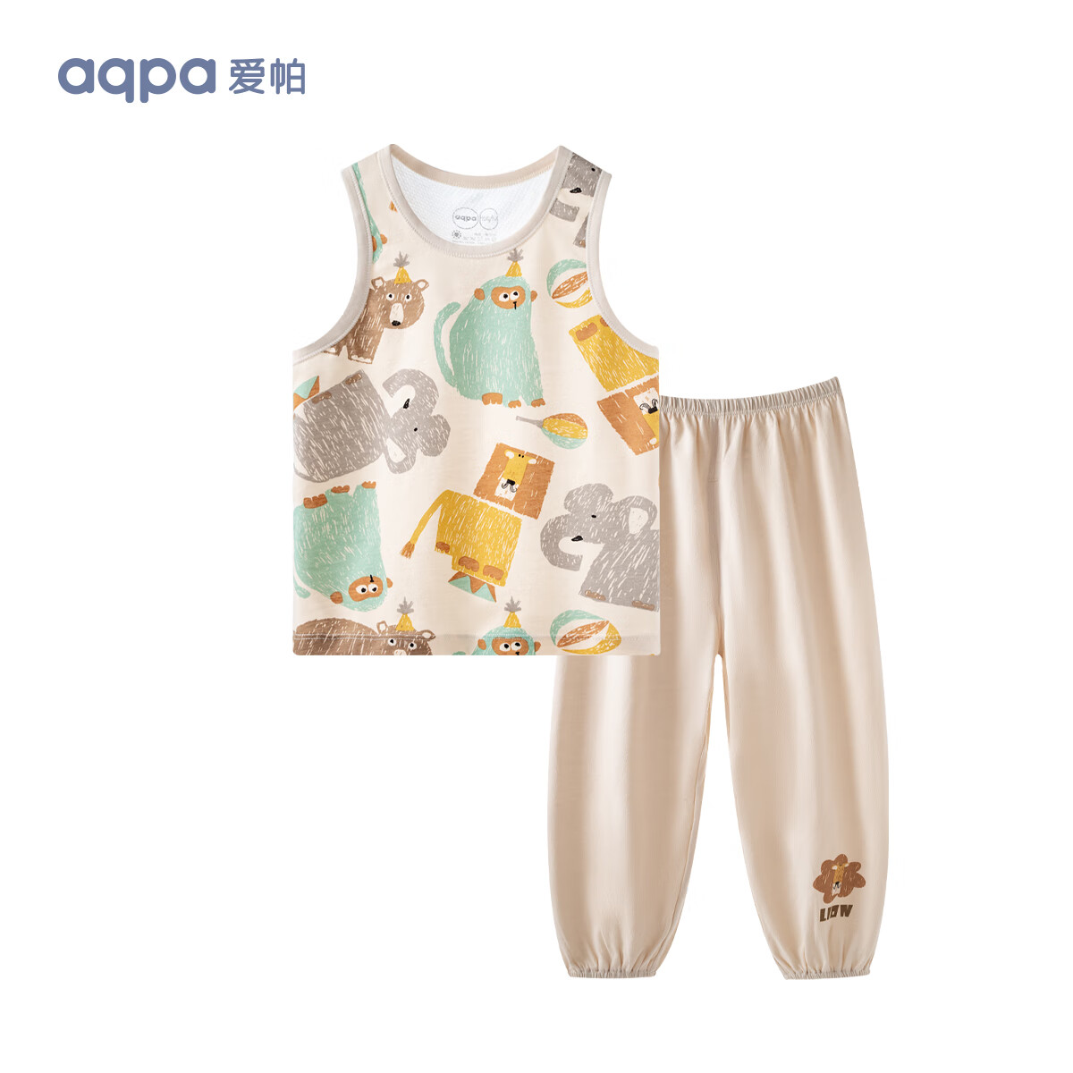 aqpa婴儿背心内衣套装夏季纯棉宝宝衣服薄款分体无袖长裤 马戏团 90