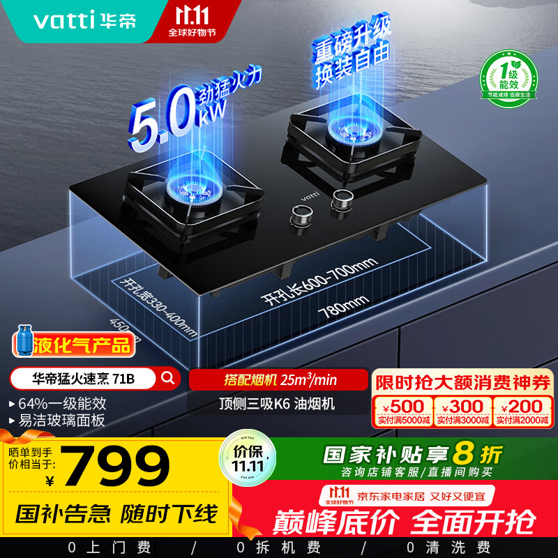 华帝（VATTI）国家补贴20%燃气灶煤气灶台式嵌入式5.0kW猛火熄火保护一级能效双灶台灶具i10071B【液化气商品