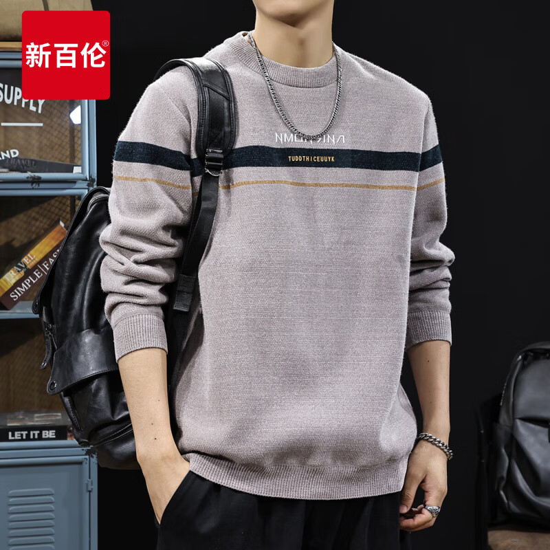 新百伦加绒毛衣男士圆领秋冬款加厚保暖长袖休闲毛线衣内搭上衣男 米灰 加绒 XL 码【建议130-145斤】