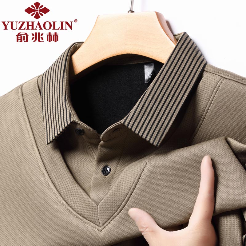 俞兆林假两件长袖t恤男士冬季新款加绒保暖衬衫领男装一体绒休闲卫衣服 卡其色 3XL (185) (建议175-190斤穿)