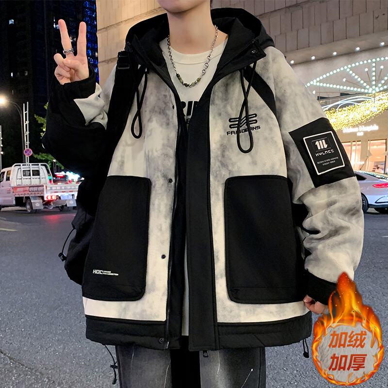 JEEP SPIRIT加絨加厚外套男秋冬季2024新款潮撞色夾克男青少年保暖防寒衣服 米色 【加-絨】 M 約90-110斤可穿