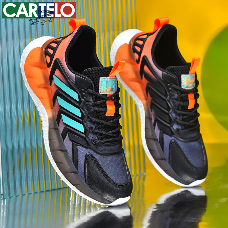 卡帝乐鳄鱼男鞋春夏透气超轻男士休闲鞋百搭减震跑步网面鞋薄款青少年运动鞋 黑桔[透气款]QH3359 40