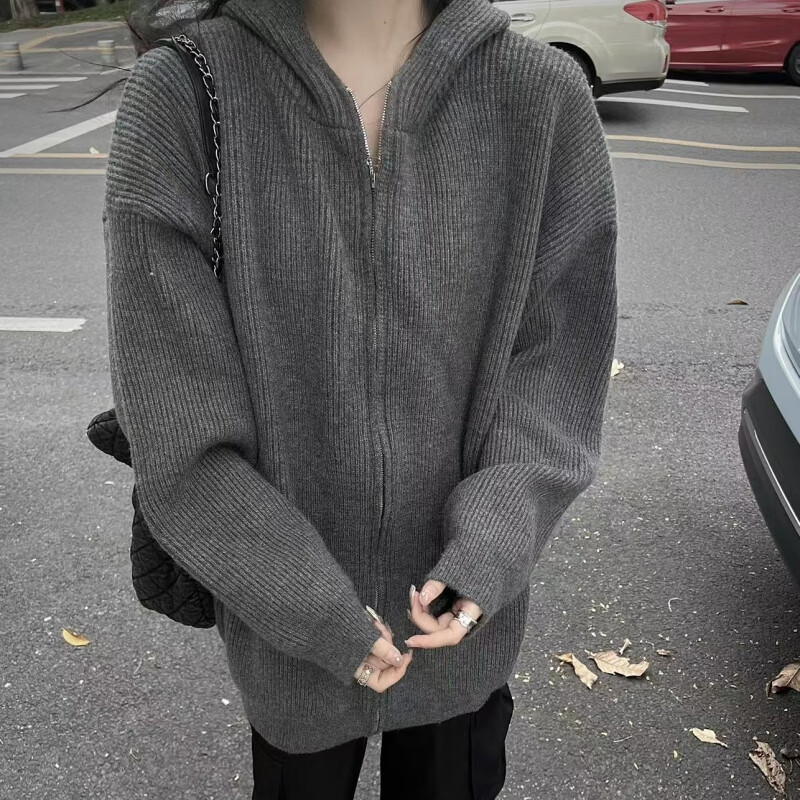 POUM毛衣男女开衫针织秋冬季宽松慵懒风连帽双拉链设计线衣保暖外套男 BNGYL-U80灰色 常规 L