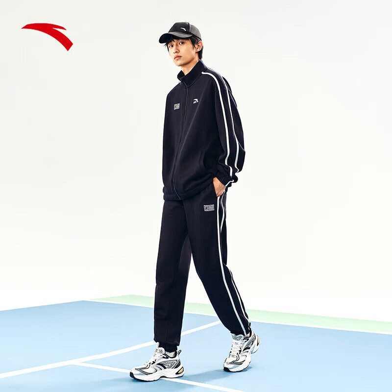 安踏（ANTA）运动套装男款2026新款国潮抓绒保暖防风户外跑步训练针织外套 基础黑-3 S (男165)