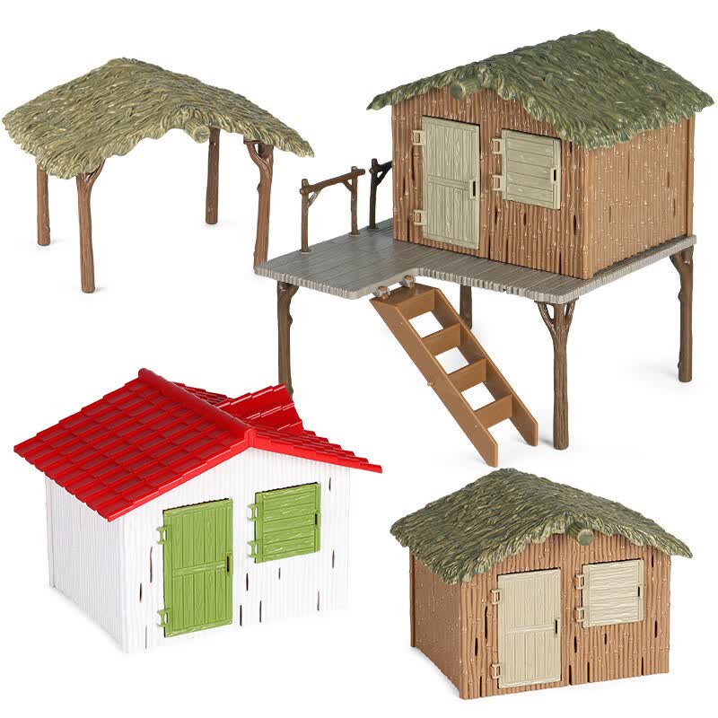 模型可拆装塑料农场牧场房屋茅屋场景摆件玩具套装 zj茅草屋4款套装
