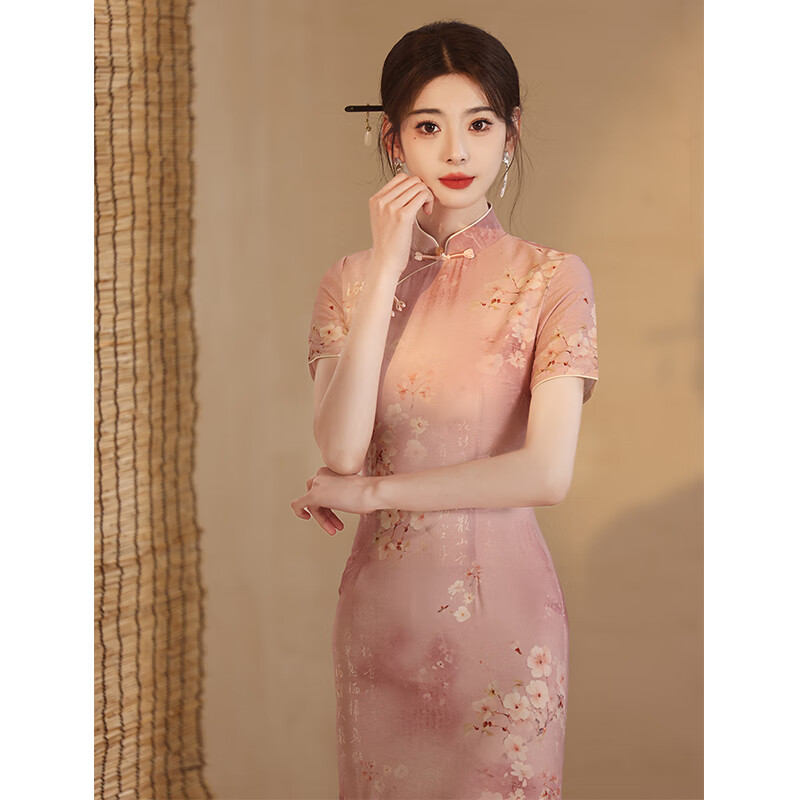 毅珊粉色旗袍夏季新款2024改良新中式年轻款少女日常可穿小个子民国风 粉红色 苎麻 S 80-90斤