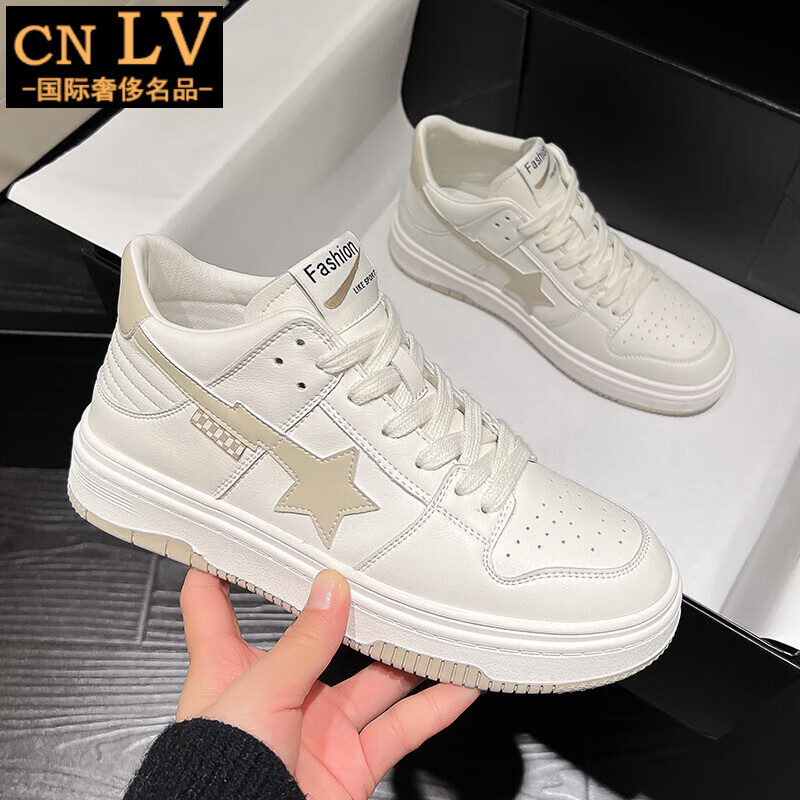 cnlv高帮鞋女2024年春季新款百搭鞋子女鞋软皮平底休闲小白鞋板鞋