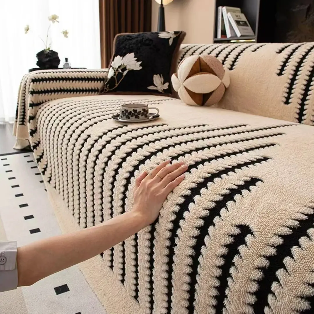 暖意绒绒云感万能全盖沙发盖四季款防滑防猫抓高级感提花毛绒套罩 卿绒星宇沙发巾- 斑马白 三人位 180*300cm【适合三人位/大双人位】