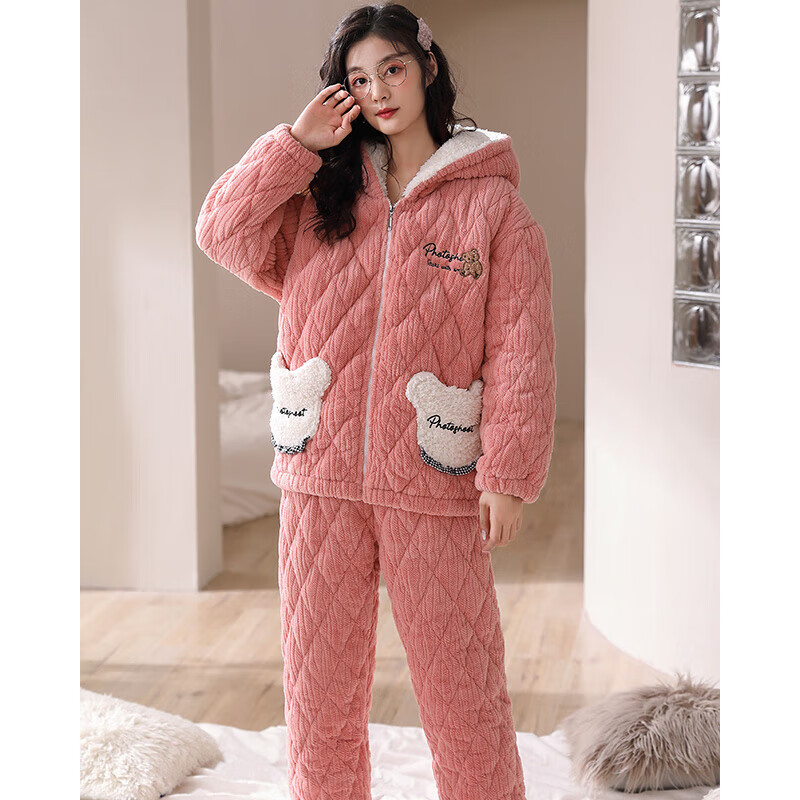 芬腾【清仓】情侣珊瑚绒夹棉睡衣女士冬季三层加厚男抗静电家居服套装 FJ2491097粉红【单女款】 2XL 建议:女142-160,男166-185斤