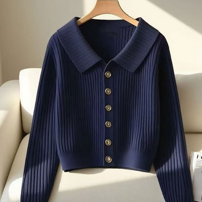 2025秋季新款温柔风小香风针织毛衣设计感翻领长袖针织开衫女CLQ 藏青 2XL 【建议130-140斤】