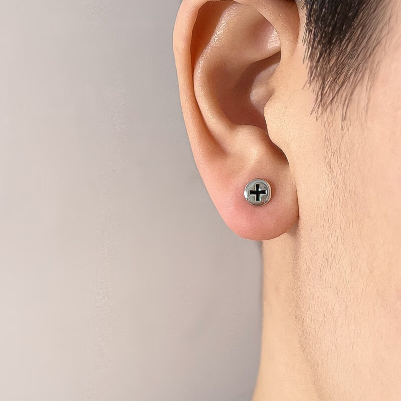 千弗s925银十字螺丝耳钉男生简约耳环个性小众嘻哈痞帅感耳饰新款 单