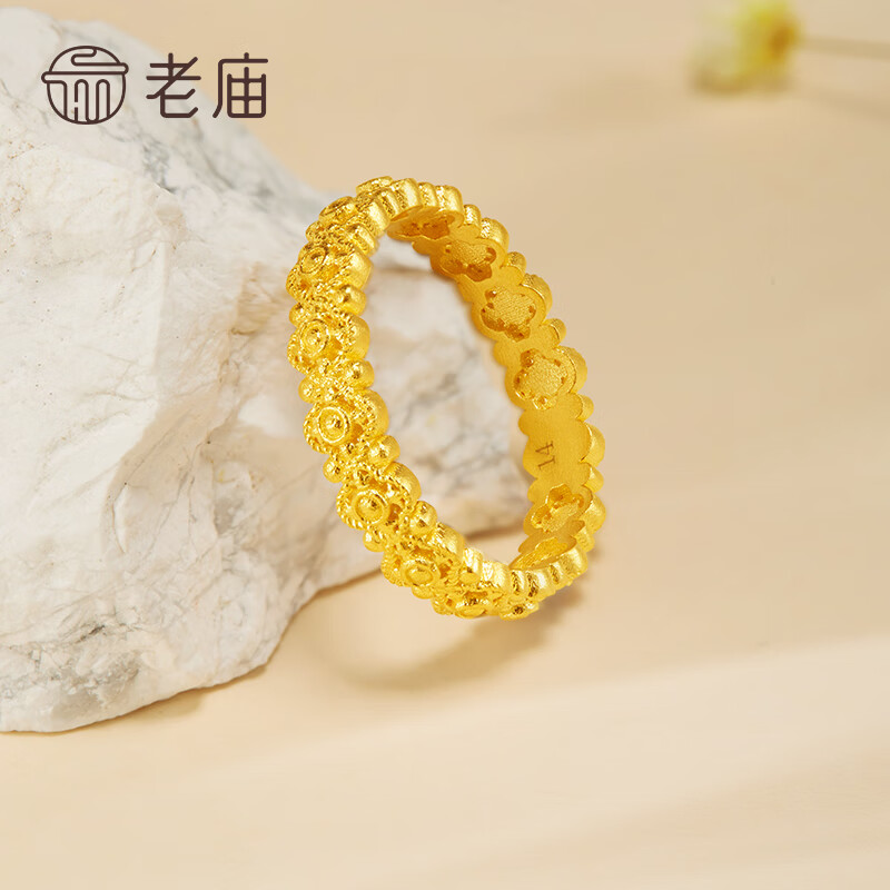 老庙黄金戒指足金古法花丝女戒送女友老婆生日节日礼物 约3.7g/12号(适用11-13#)