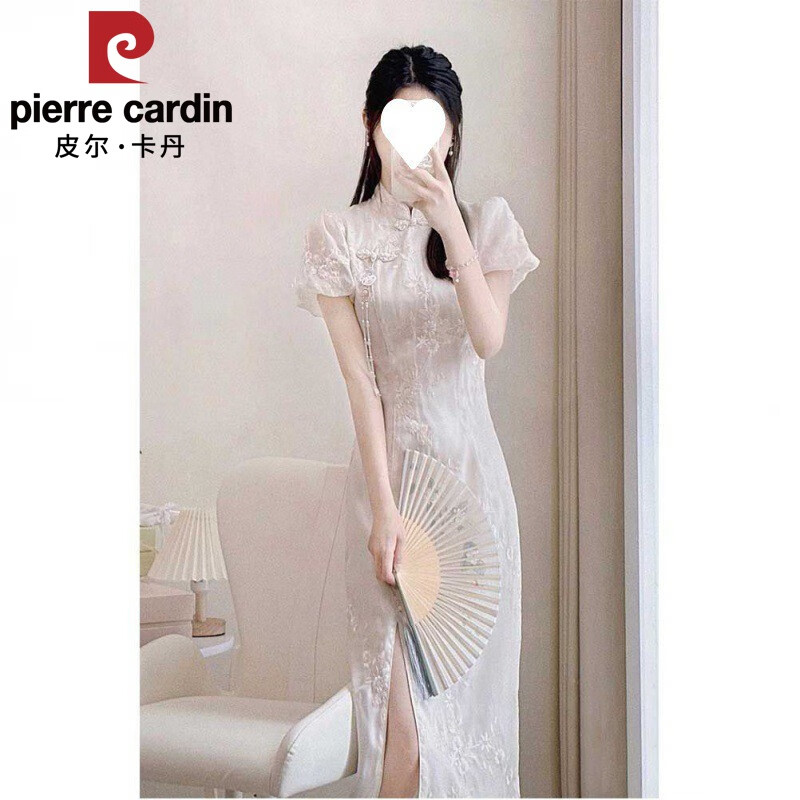 皮尔卡丹（pierre cardin）旗袍长款新中式国风白色改良高端女装订婚结婚敬酒礼服连衣裙夏季 米白色 S