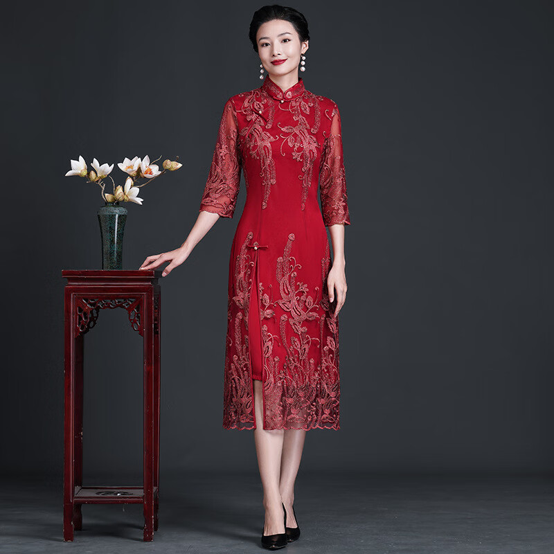 恒源祥夏季焕新年轻妈妈蕾丝旗袍连衣裙喜婆婆时尚婚礼服宴会妈妈装