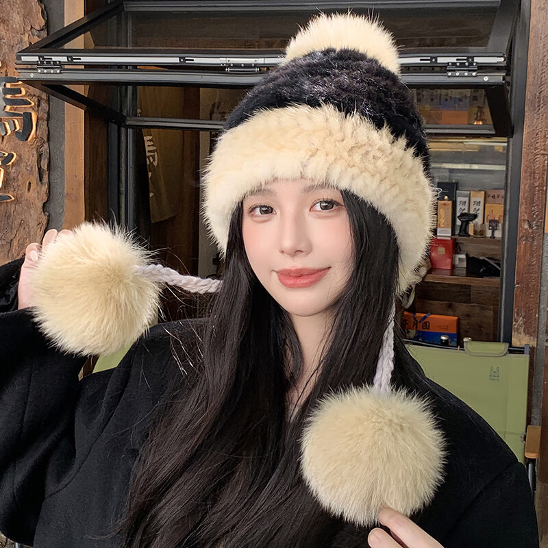 拉爾倫保羅水貂毛帽子冬季加厚保暖皮草雷鋒帽狐貍毛球球護(hù)耳帽顯臉小包頭帽 米色 均碼【有彈力】