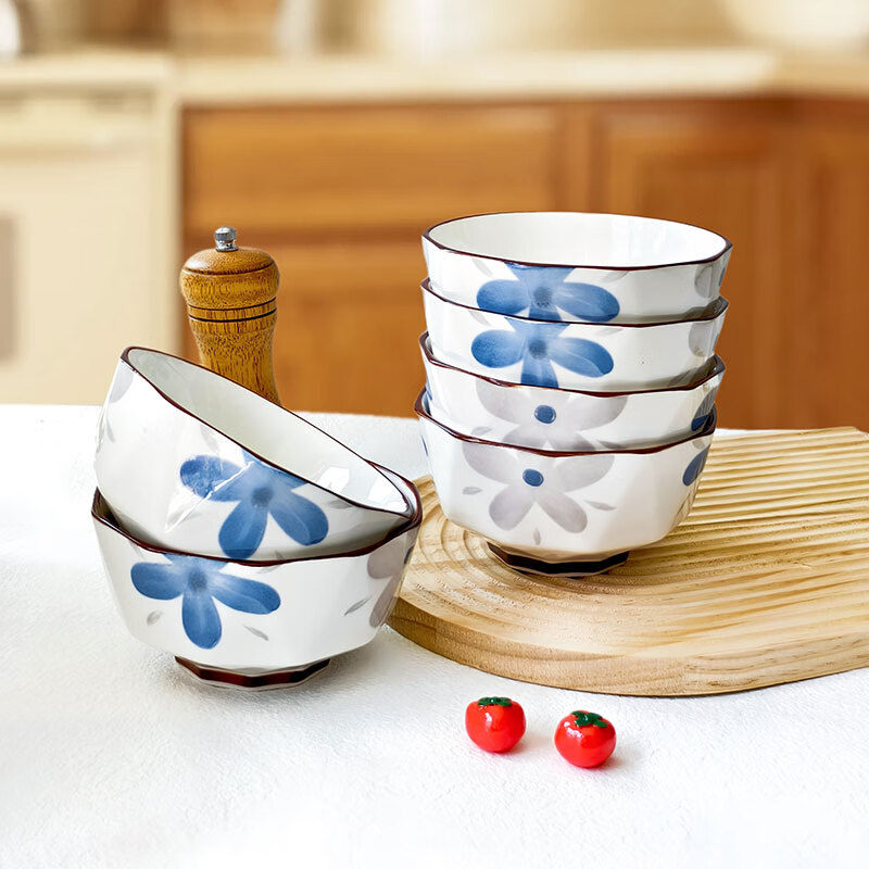 几物森林日式陶瓷饭碗家用汤碗米饭碗釉下彩好看小碗复古餐具小清新早餐碗 蓝花物语饭碗5英寸6只装