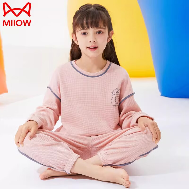 猫人（MiiOW）儿童纯棉睡衣男童长袖中大童男孩春秋家居服全棉秋款家居服套装 樱花粉【华夫格小熊】 110cm 建议体重25-30斤左右
