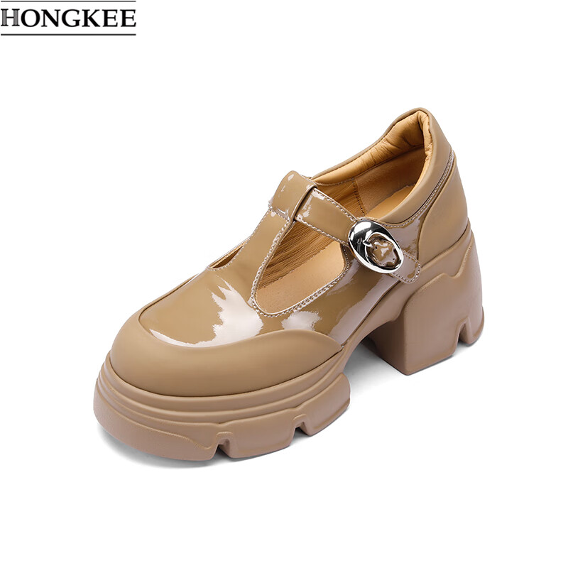 红科（HONGKEE）春季英伦风圆头粗跟金属饰扣时尚优雅玛丽珍单鞋女HD94D101 甜蜜棕 39 京东折扣/优惠券