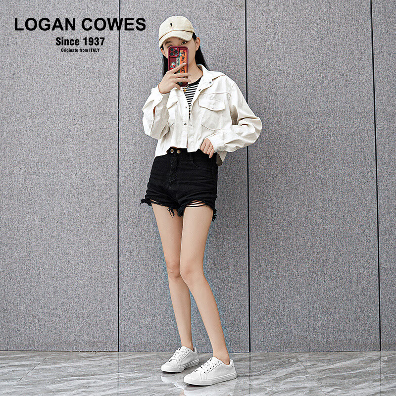 LOGAN COWES春夏潮搭板鞋系带小白鞋真皮百搭韩版平底鞋透气休闲单鞋 白色 36