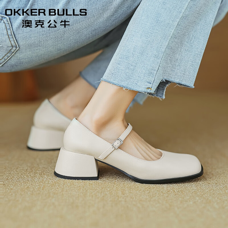 澳克公牛(okker bulls)巨好穿软皮方头浅口一字扣玛丽珍女鞋优雅百搭