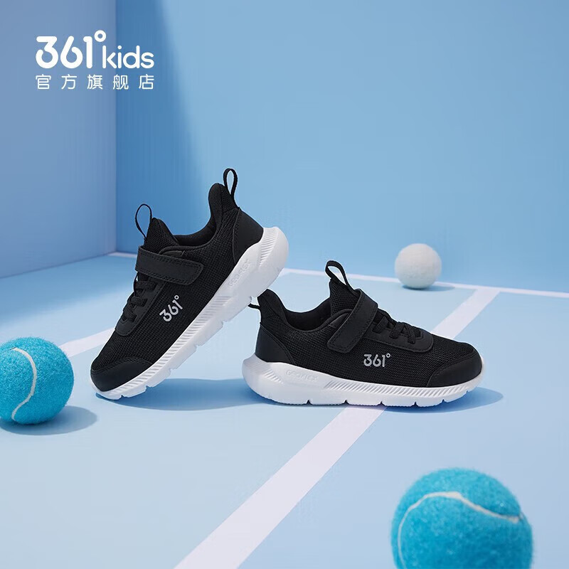 361°儿童运动鞋男童跑鞋秋冬密网轻便魔术贴女童皮革加绒保暖运动鞋 【四季密网】碳黑/银色 35